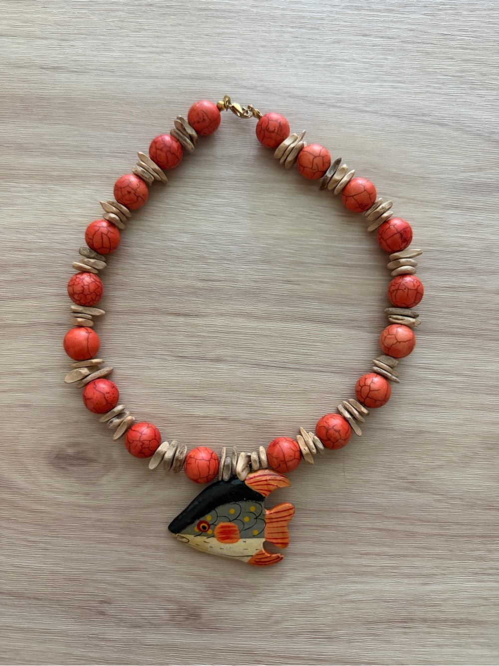 Handmade Statement Fish Necklace – Coral Orange Beads & Coastal Style